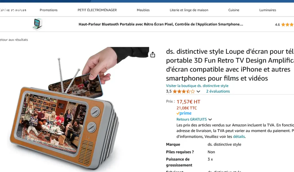 Screenshot 2024-10-09 at 16-36-54 ds. distinctive style Loupe d'écran pour téléphone portable 3D Fun Retro TV Design Amplificateur d'écran compatible avec iPhone et autres smartphones pour films et vidéos Amazon.fr High-Tech.webp