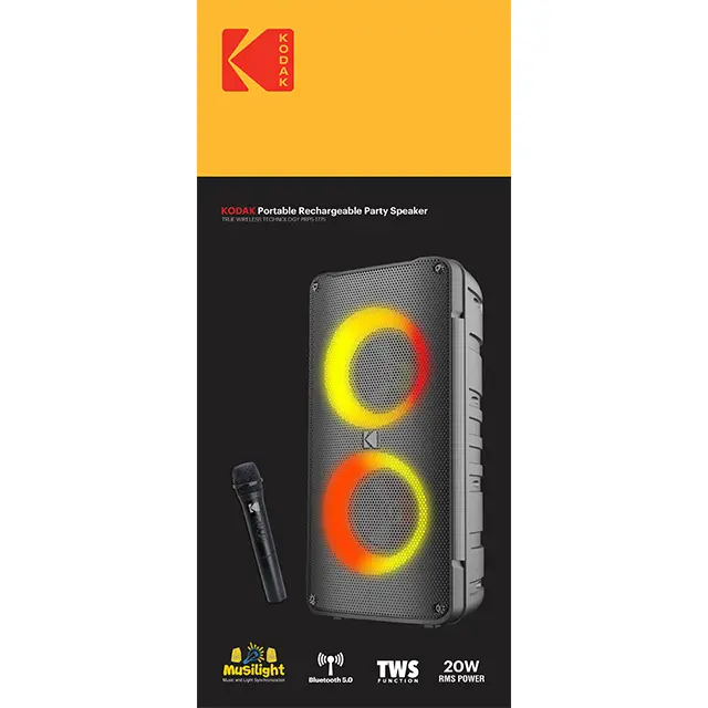 SUPER SOUND  PORTABLE KODAK PARTY SPEAKER W/4" DOUBLE WOOFER, BT, USB & RADIO MICRO