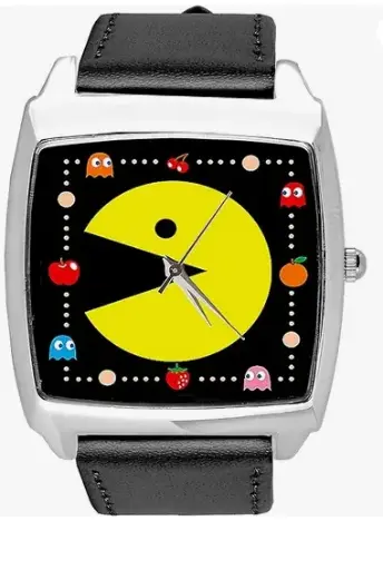 Montre carrée bracelet en cuir noir Pac Man